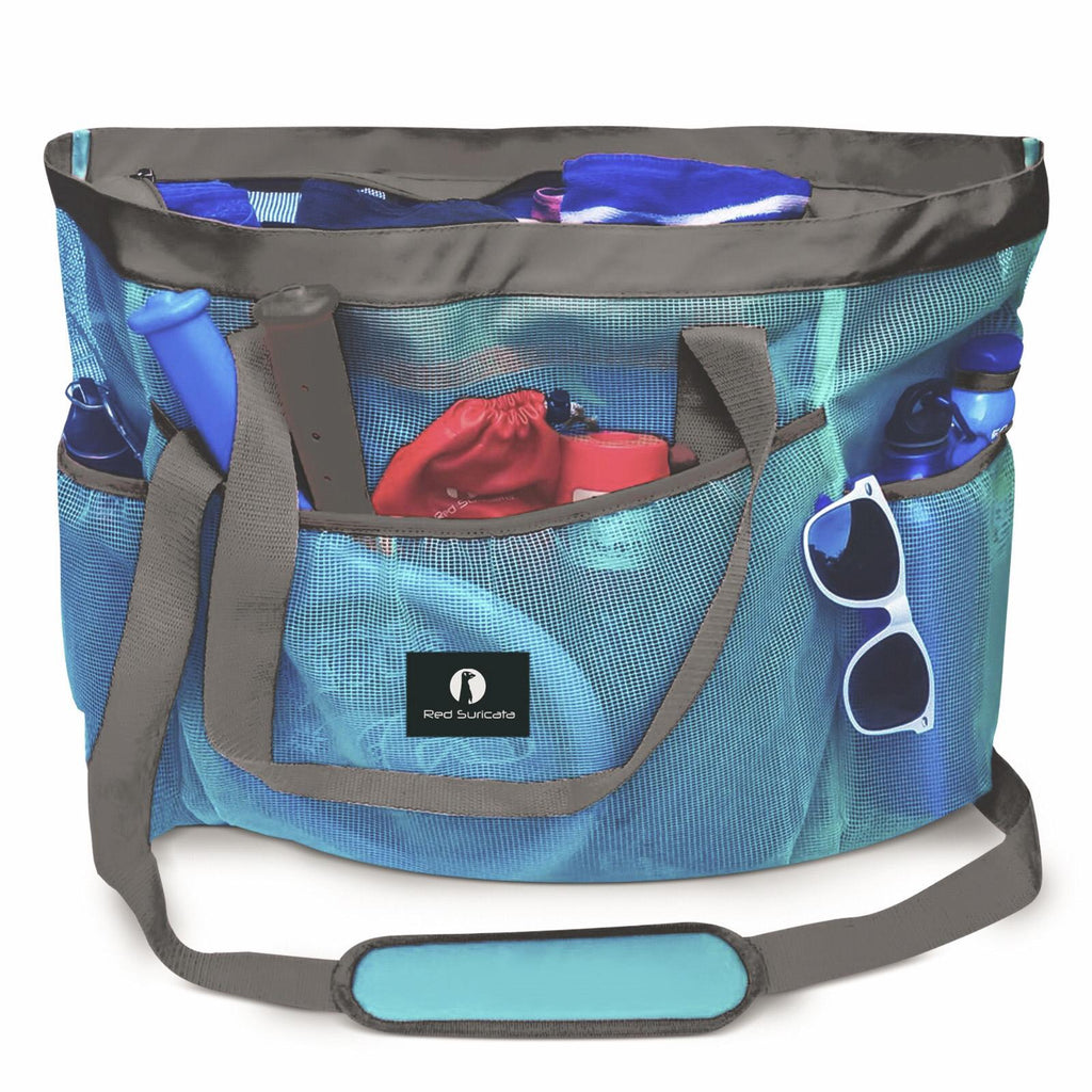 Red Suricata XL Mesh Beach Bag Tote - Celeste Blue & Grey-Bag-Red Suricata